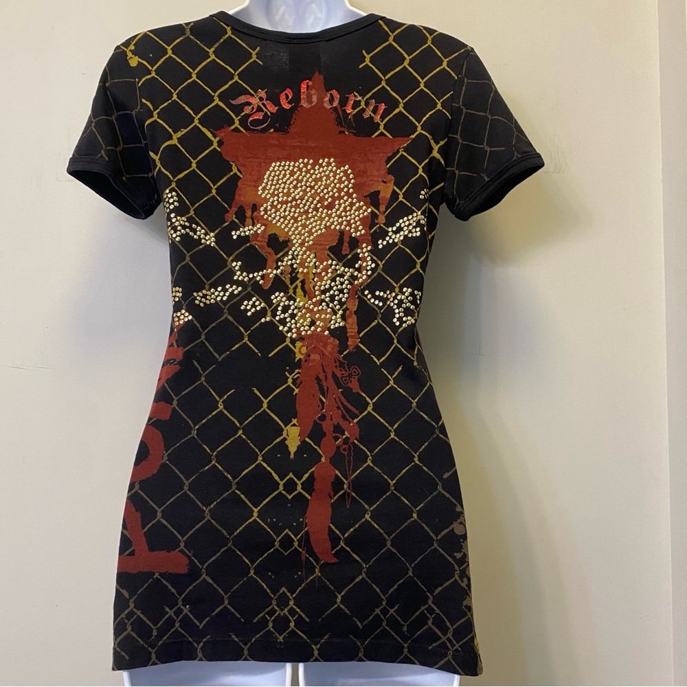 Smet by Christian Audigier Rhinestone Skull Tee Y2K Small